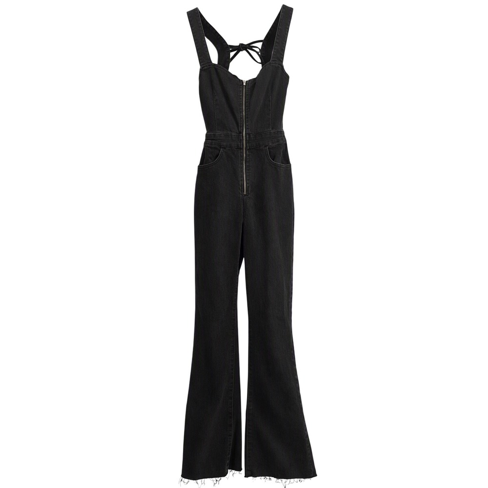 We The Free Jumpsuit Women Size 0 Black Crvy 2nd Ave Bootcut Denim Zip Back Tie